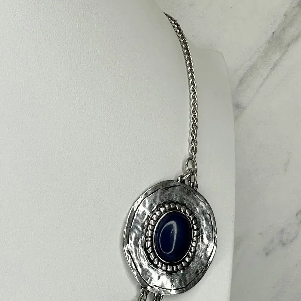 Chico's Blue Cabochon Silver Tone Disc Station Bib Necklace ✨ - Picture 9 of 11